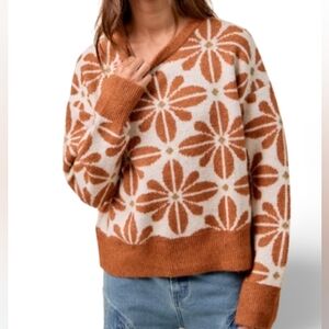 BiBi Casual ALL-Ovee Flower Pattern Long Sleeve Sweater Camel